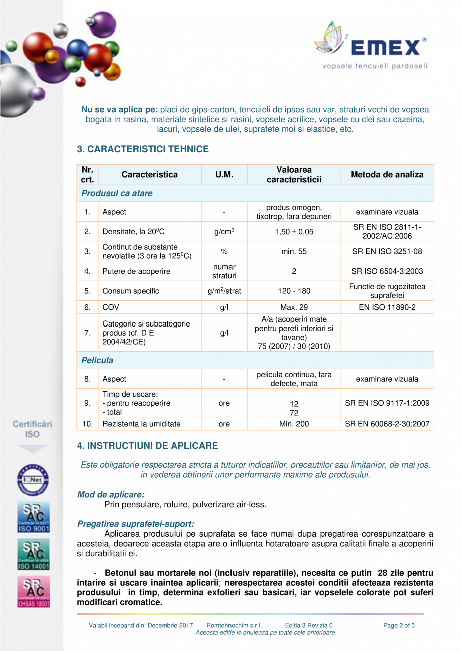 Pagina 2-Vopsea lavabila silicatica interior EMEX SILICATICA EMEX Fisa tehnica Romana rioara a suprafetelor...