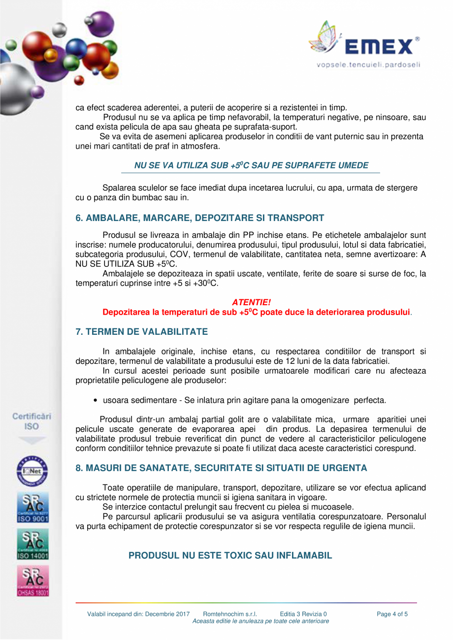 Pagina 4-Vopsea lavabila silicatica interior EMEX SILICATICA EMEX Fisa tehnica Romana calitatii finale a...