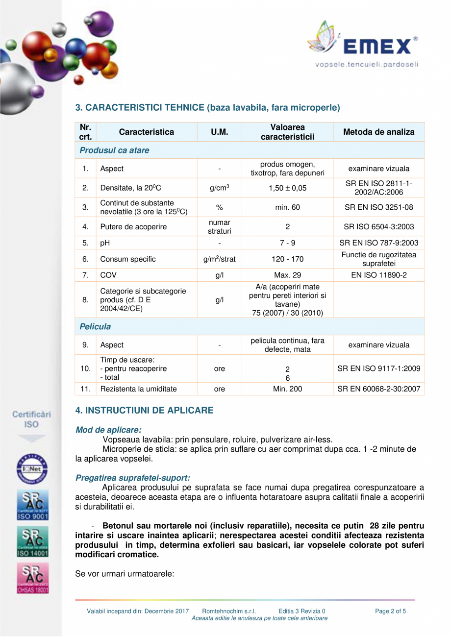 Pagina 2-Vopsea lavabila reflectorizanta Emex EMEX Fisa tehnica Romana dus - caracteristicile specificate se ...