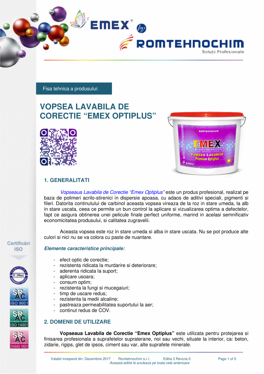Pagina 1-Vopsea lavabila premium efect culoare EMEX EMEX OPTIPLUS Fisa tehnica Romana Fisa tehnica a...