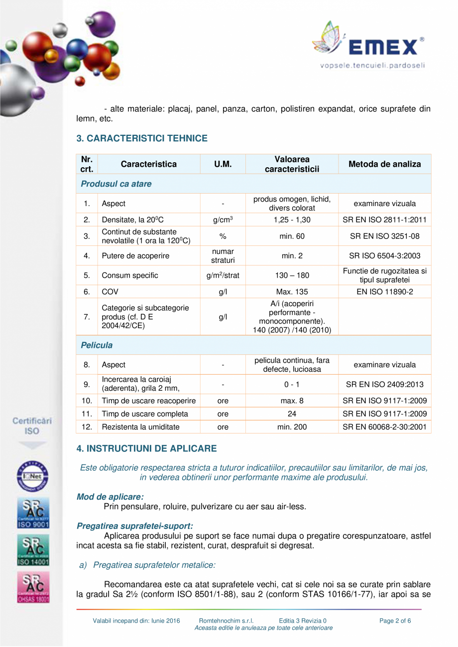 Pagina 2-Vopsea acrilica universala Emex Spectrum EMEX Fisa tehnica Romana area suprafetelor supraterane...