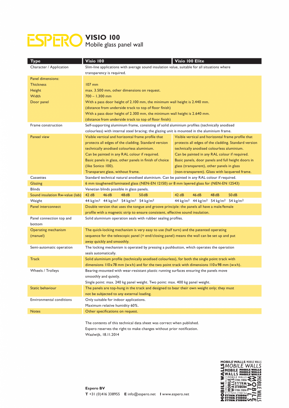 Pagina 1-Caracteristici tehnice - Pereti mobili, demontabili ESPERO Visio 100 Fisa tehnica Engleza VISIO 100
...