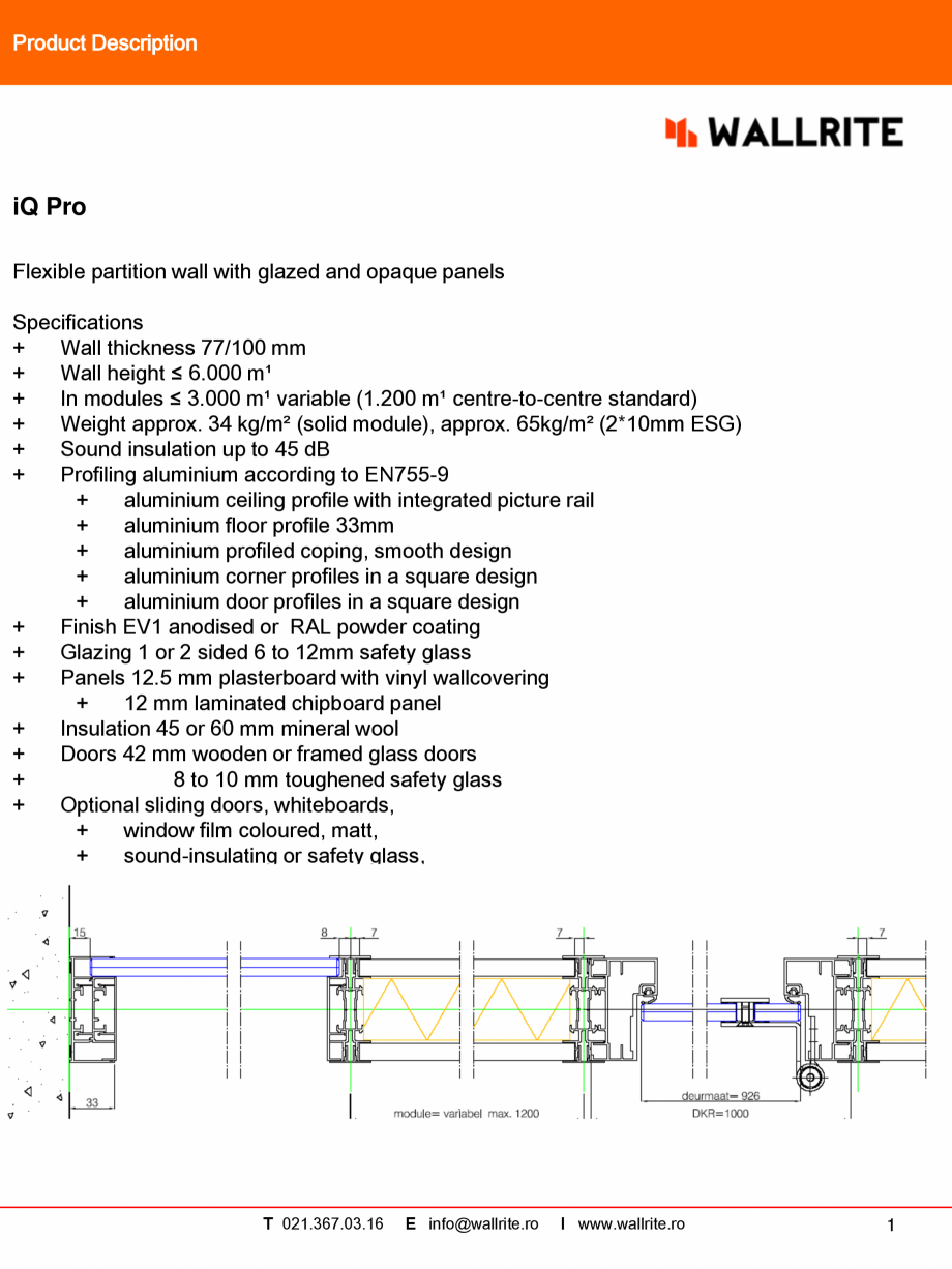 Pagina 1-Caracteristici tehnice pereti modulari pentru birouri QBIQ iQPro Fisa tehnica Engleza Product...