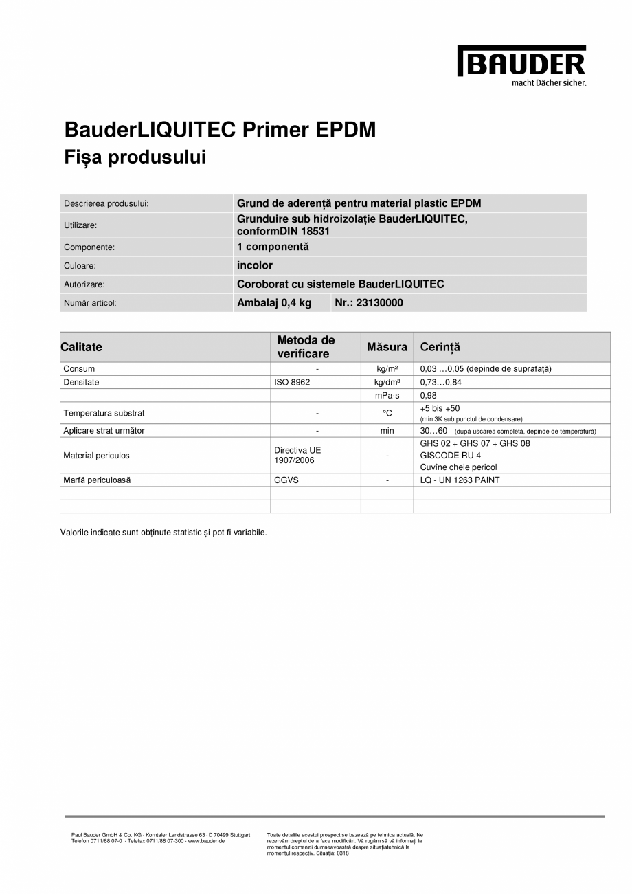 Pagina 1-Grund de aderenta pentru material plastic EPDM BAUDER LIQUITEC Primer EPDM Fisa tehnica Romana...