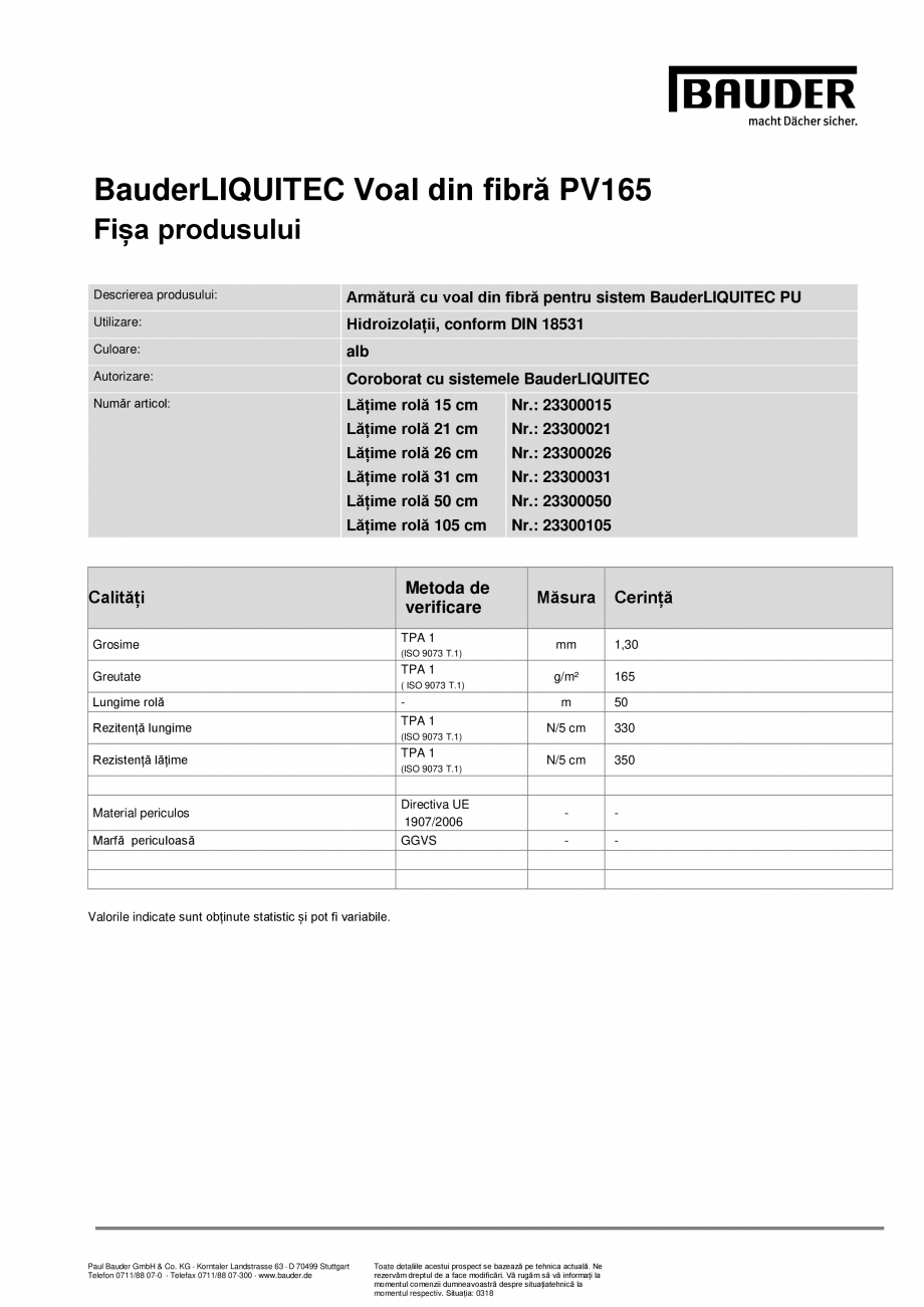 Pagina 1-Armatura cu voal din fibra PV165 pentru sistem BauderLIQUITEC PU BAUDER Vlies PV165 Fisa tehnica...