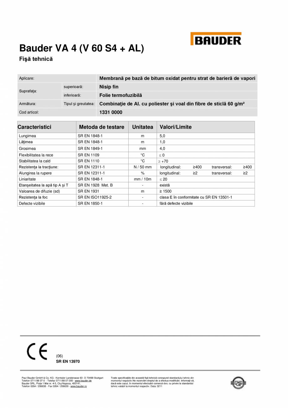 Pagina 1-Membrana bariera de vapori cu bitum oxidat BAUDER BauderVA 4 (V 60 S4 + AL) Fisa tehnica Bauder VA 4...