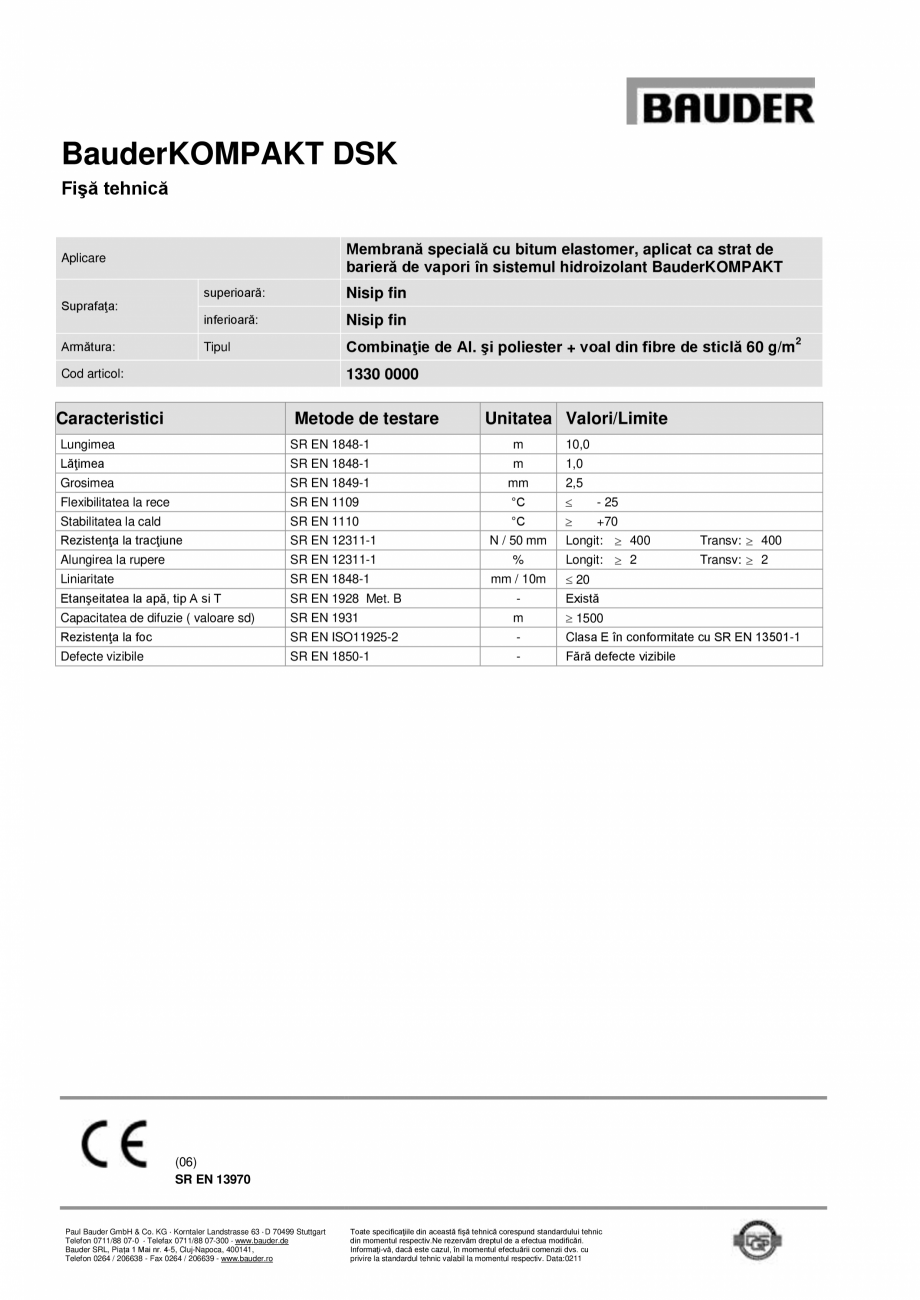 Pagina 1-Membrana bariera de vapori cu bitum elastomer BAUDER BauderKOMPAKT DSK Fisa tehnica BauderKOMPAKT...