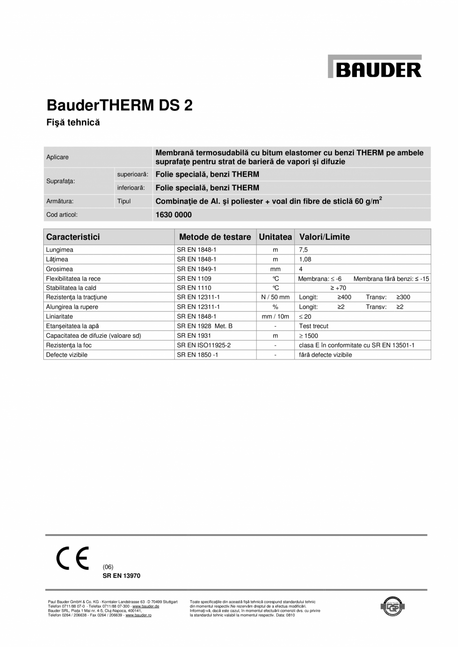 Pagina 1-Bariera de vapori cu bitum elastomer, benzi termice pe ambele suprafete BAUDER BauderTHERM DS 2 Fisa...