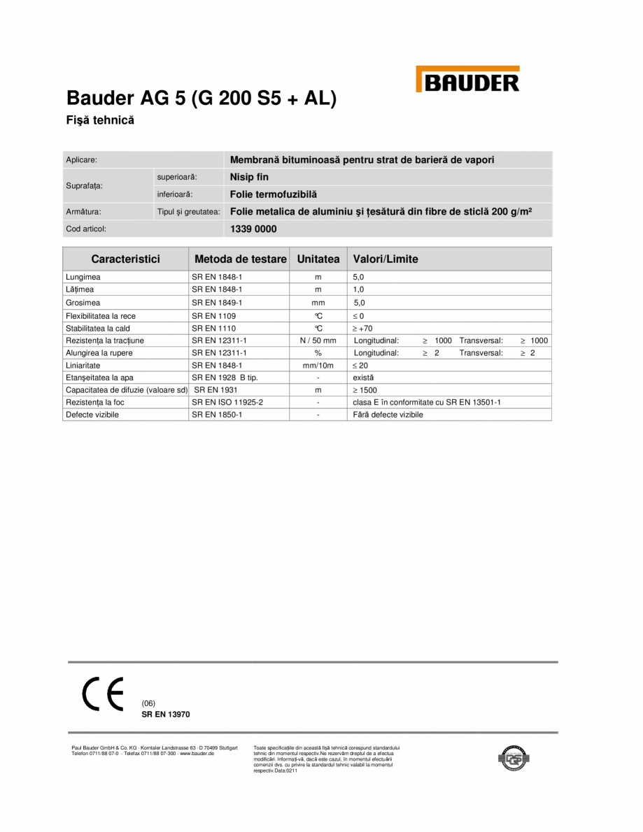 Pagina 1-Membrana bariera de vapori cu bitum BAUDER BauderAG 5 (G 200 S5 + AL) Fisa tehnica Bauder AG 5 (G...