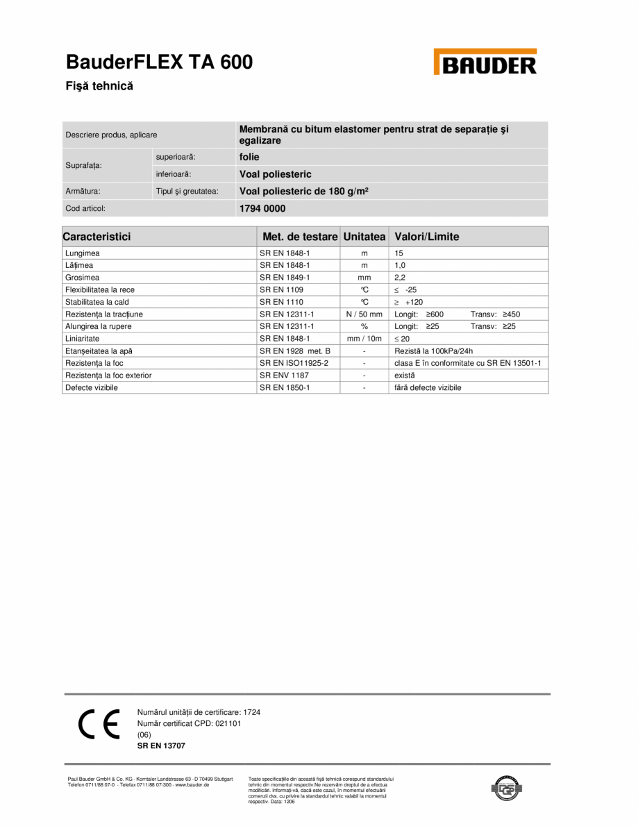 Pagina 1-Membrana cu bitum elastomer ca strat de separatie si egalizare BAUDER BauderFLEX TA 600 Fisa tehnica...