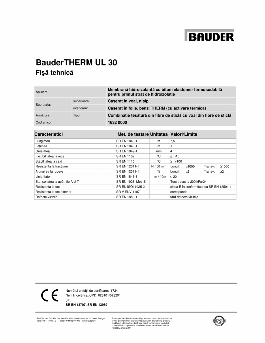 Pagina 1-Membrana cu bitum elastomer cu sudare rapida BAUDER UL 30 Fisa tehnica Romana BauderTHERM UL 30...