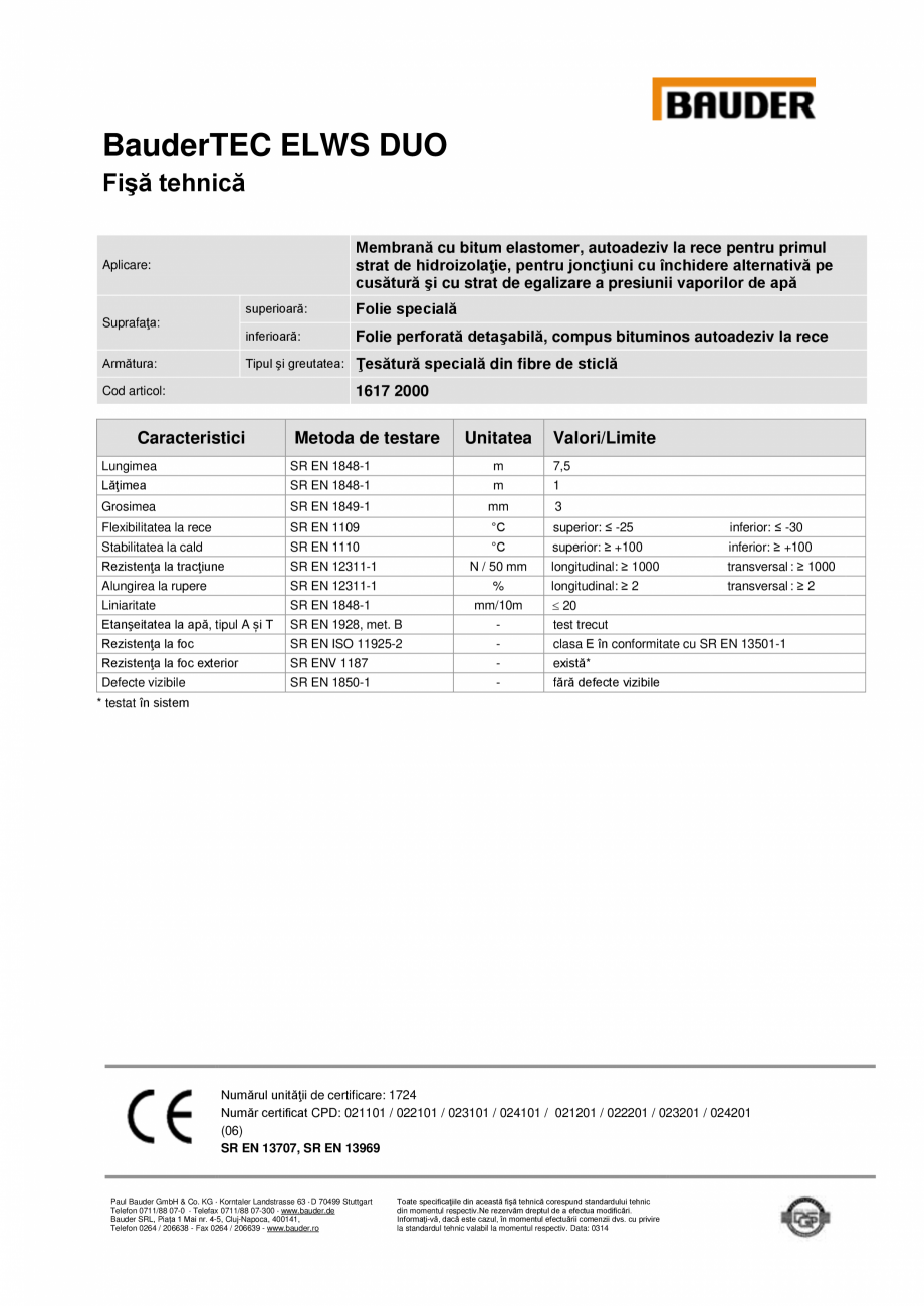 Pagina 1-Membrana autoadeziva la rece cu bitum elastomer BAUDER ELWS DUO Fisa tehnica Romana BauderTEC ELWS...