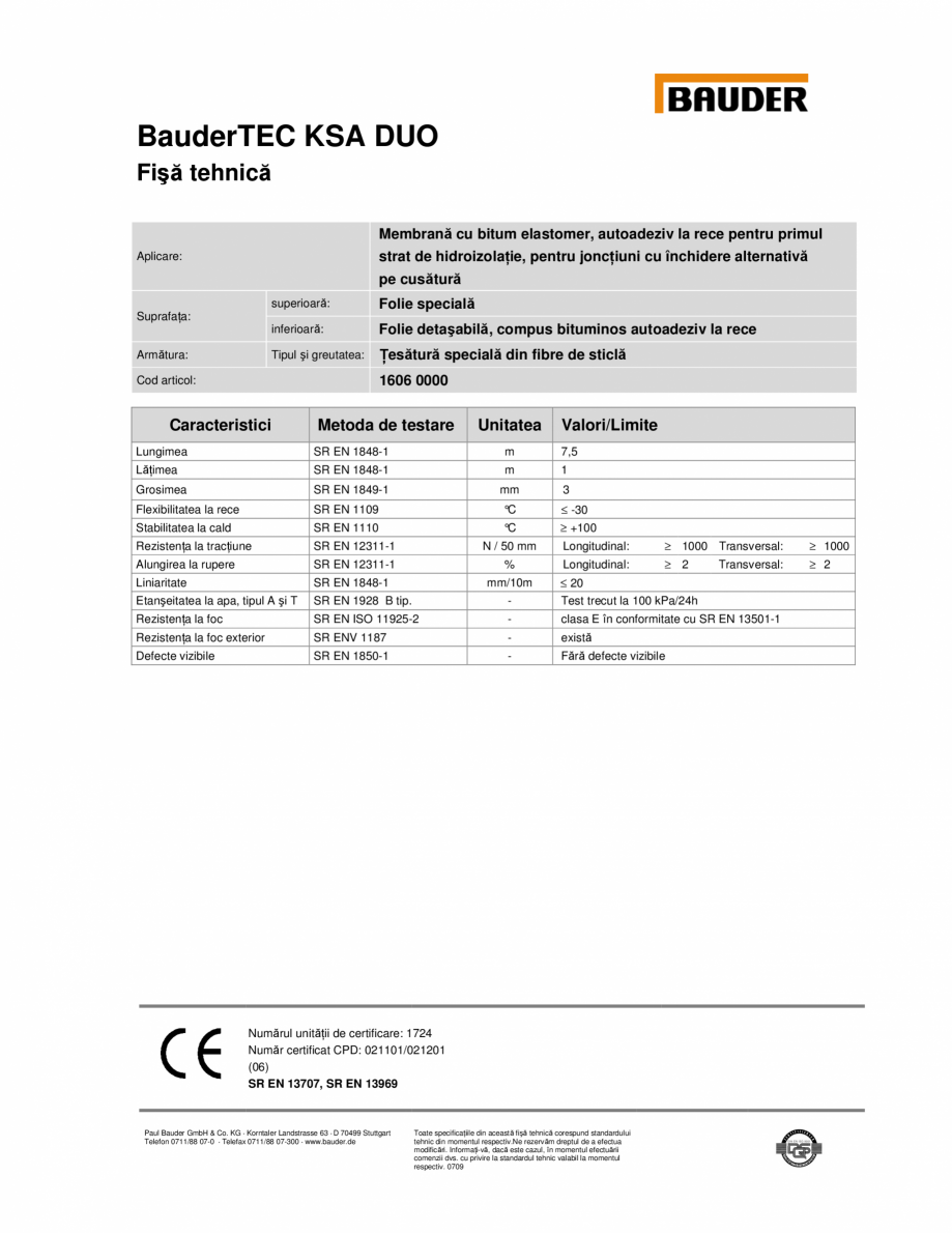Pagina 1-Membrana autoadeziva la rece cu bitum elastomer BAUDER KSA DUO Fisa tehnica Romana BauderTEC KSA DUO...