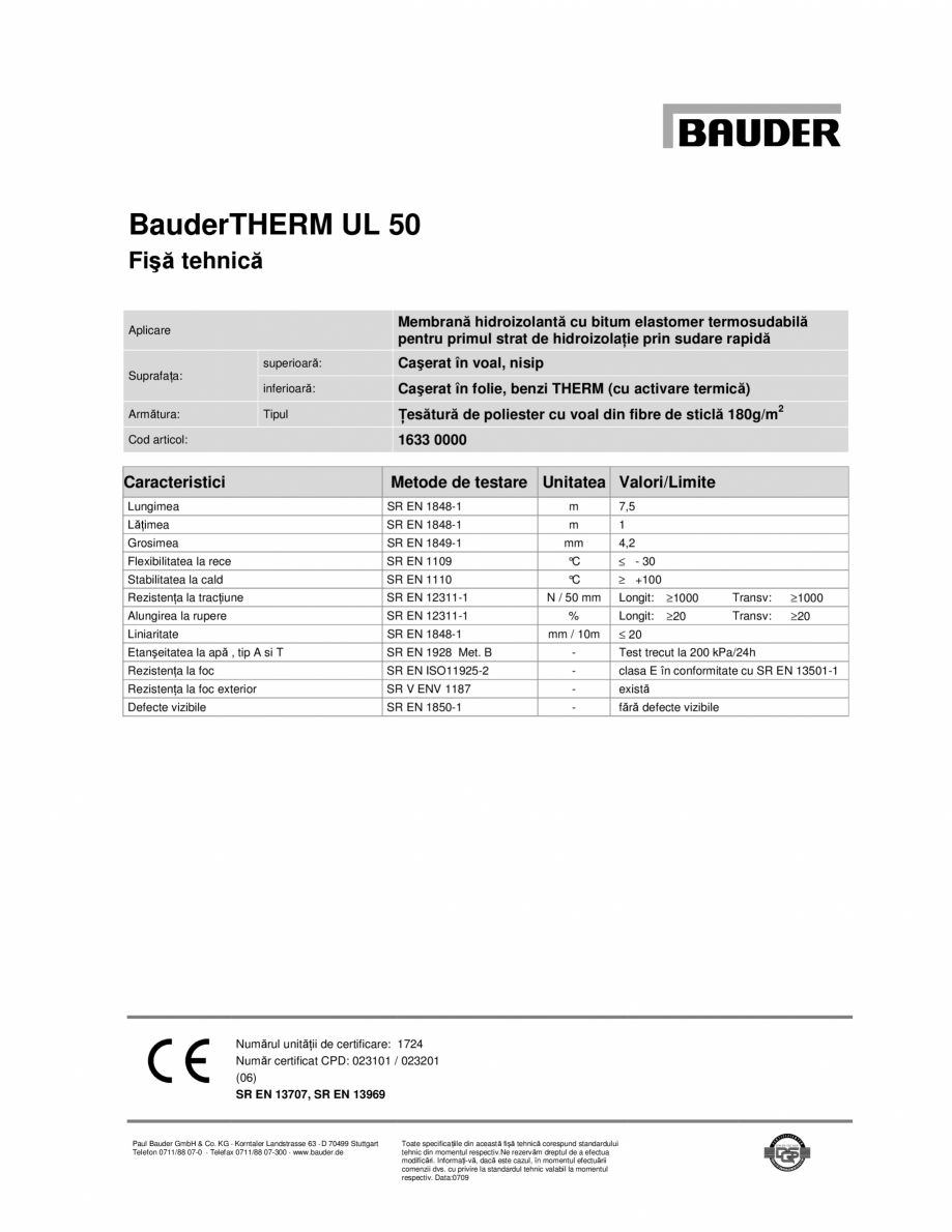 Pagina 1-Membrana cu bitum elastomer cu sudare rapida BAUDER UL 50 Fisa tehnica Romana BauderTHERM UL 50...