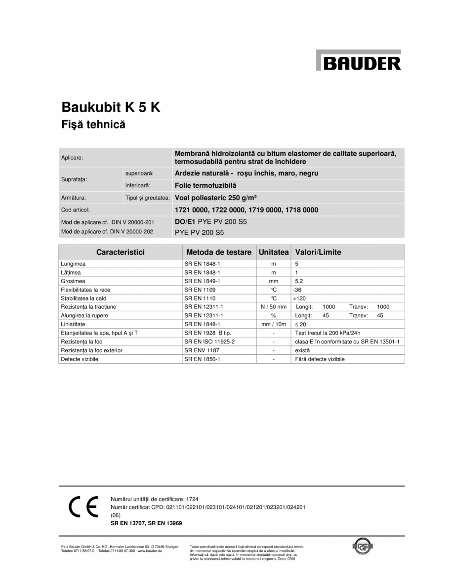 Pagina 1-Membrana termosudabila de top cu bitum elastomer BAUDER Baukubit K5K Fisa tehnica Romana Baukubit K ...
