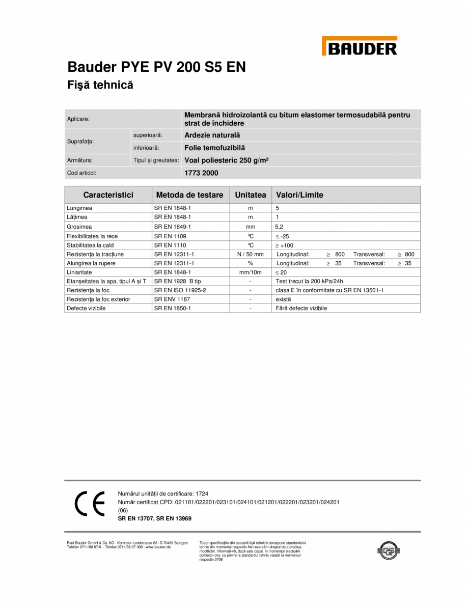 Pagina 1-Membrana termosudabila cu bitum elastomer BAUDER PYE PV 200 S5 EN Fisa tehnica Romana Bauder PYE PV ...