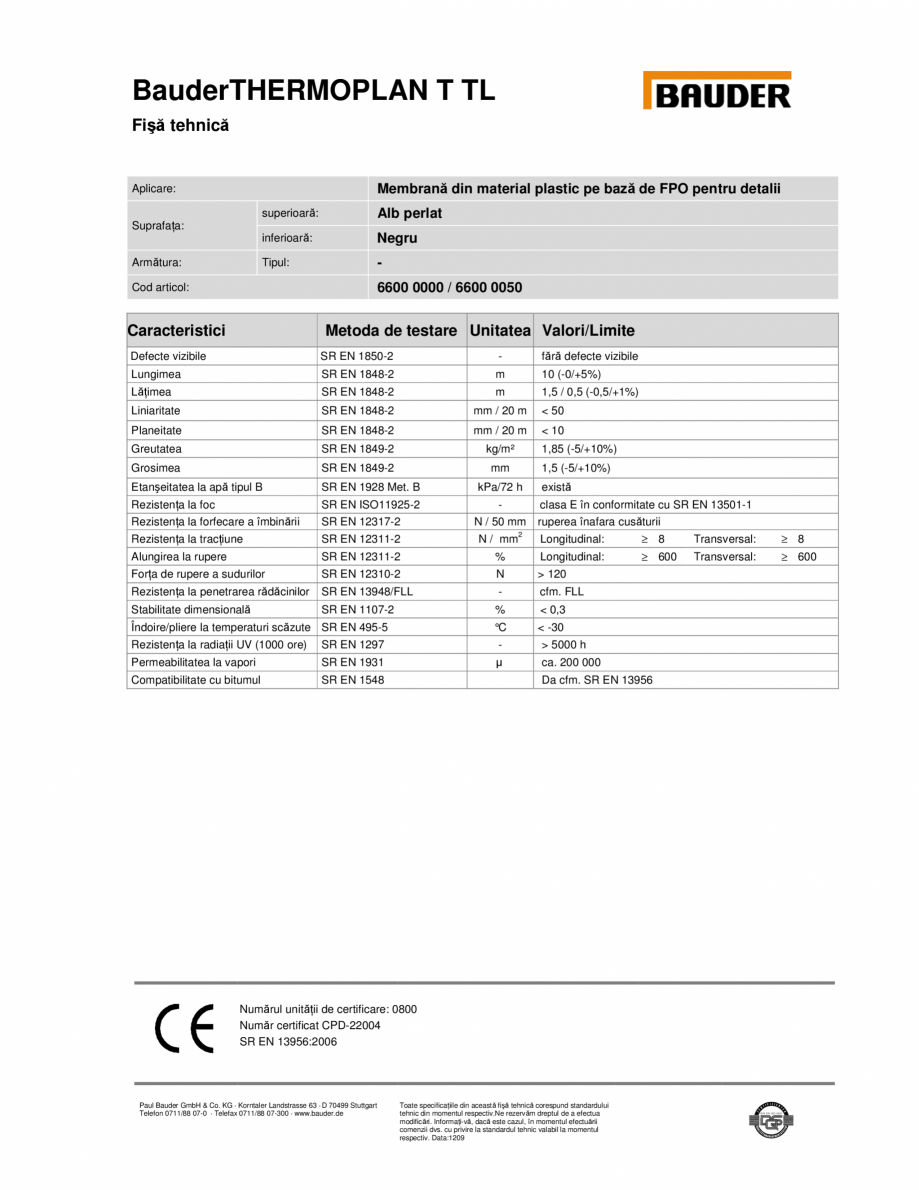 Pagina 1-Membrana din material plastic pe baza de FPO pentru detalii BAUDER THERMOPLAN T TL Fisa tehnica...