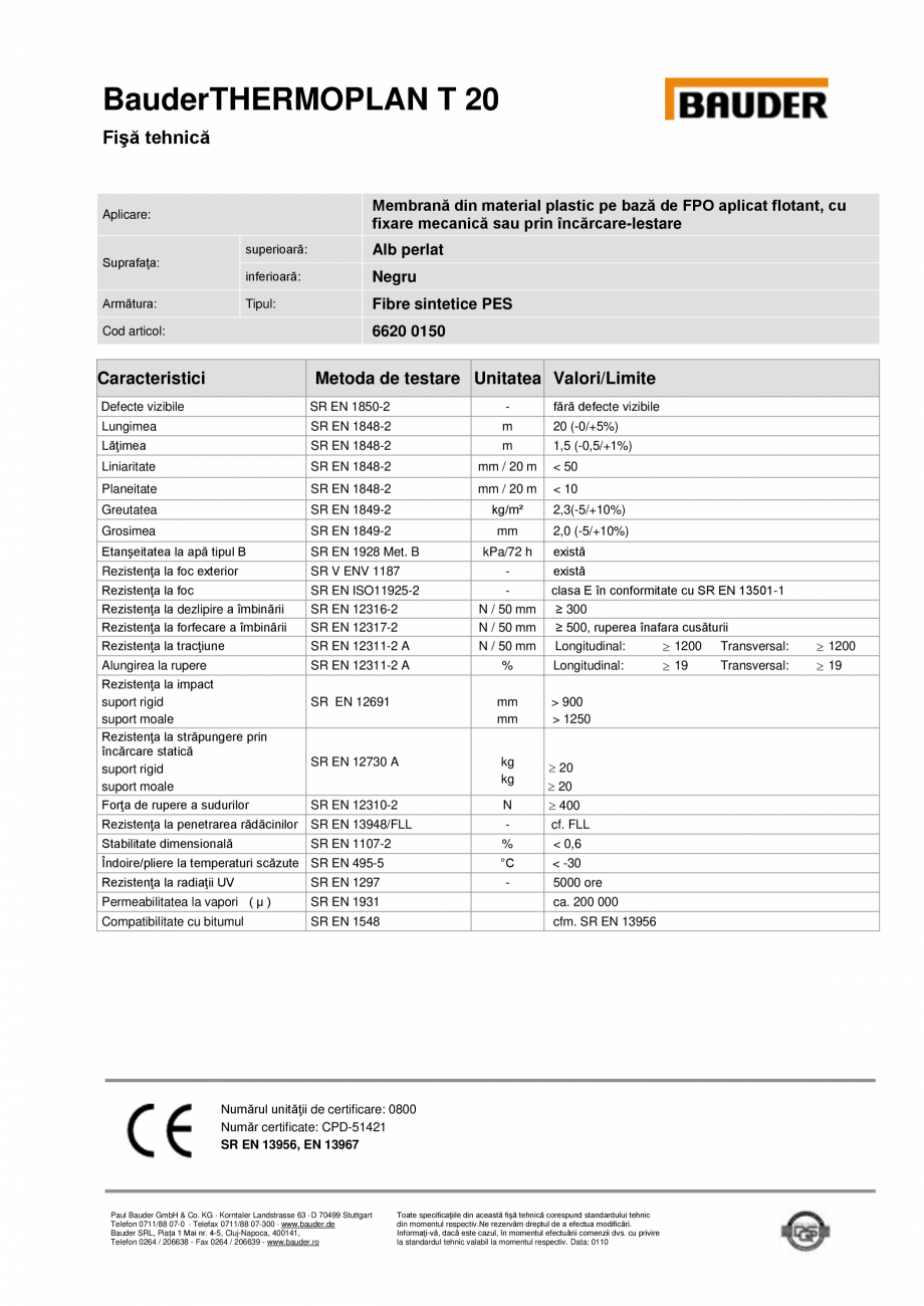 Pagina 1-Membrana din material plastic pe baza de FPO aplicat flotant BAUDER THERMOPLAN T20 Fisa tehnica...
