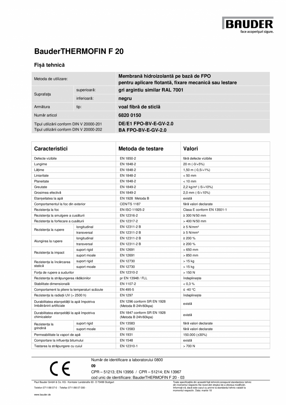 Pagina 1-Membrana hidroizolanta pe baza de FPO pentru aplicare flotanta BAUDER THERMOFIN F20 Fisa tehnica...