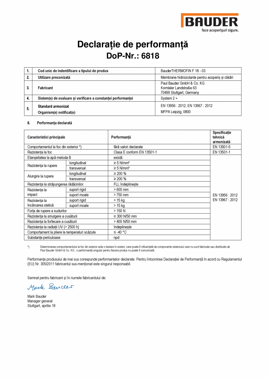 Pagina 1-Declaratia de performanta, nr. 6818 BAUDER THERMOFIN F18 Certificare produs Romana Declarație de...