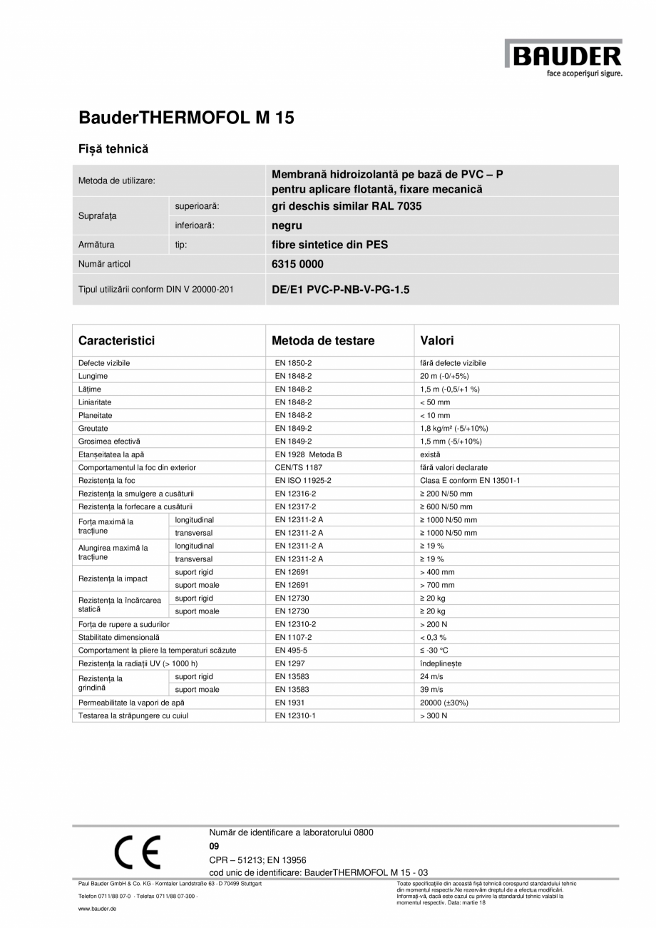 Pagina 1-Membrana hidroizolanta pe baza de PVC-P pentru aplicare flotanta BAUDER THERMOFOL M Fisa tehnica...
