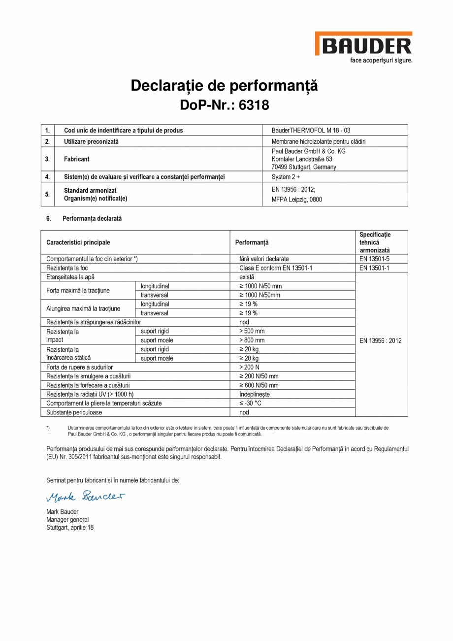 Pagina 1-Declaratia de performanta nr. 6318 BAUDER THERMOFOL M Certificare produs Romana Declarație de...