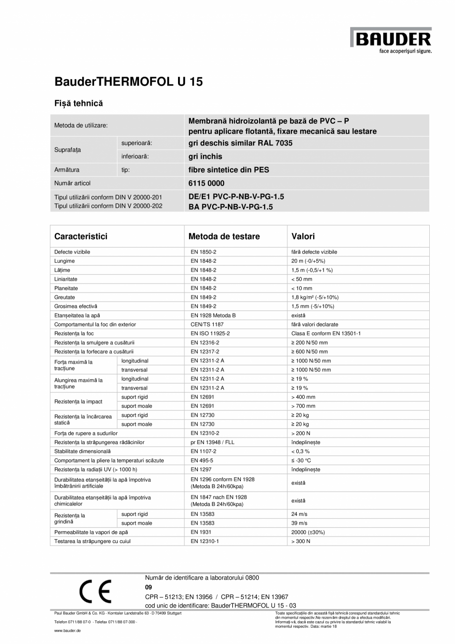 Pagina 1-Membrana hidroizolanta pe baza de PVC-P pentru aplicare flotanta BAUDER THERMOFOL U 15 Fisa tehnica ...