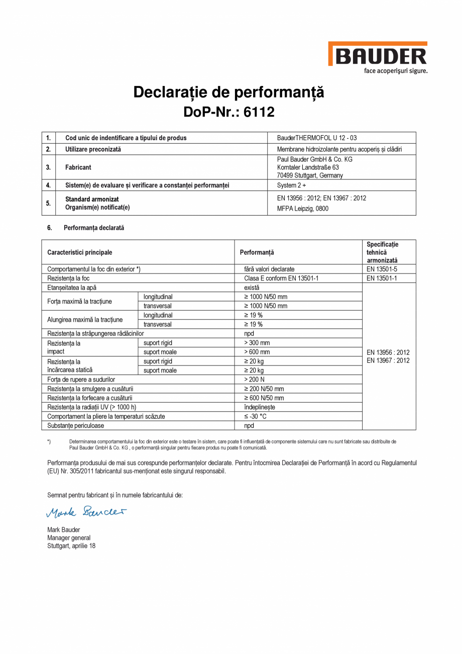Pagina 1-Declaratia de performanta, nr. 6112 BAUDER Certificare produs Romana Declarație de performanță...