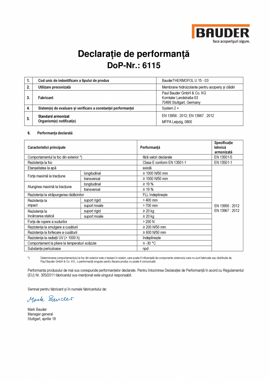 Pagina 1-Declaratia de performanta, nr. 6115 BAUDER Certificare produs Romana Declarație de performanță...