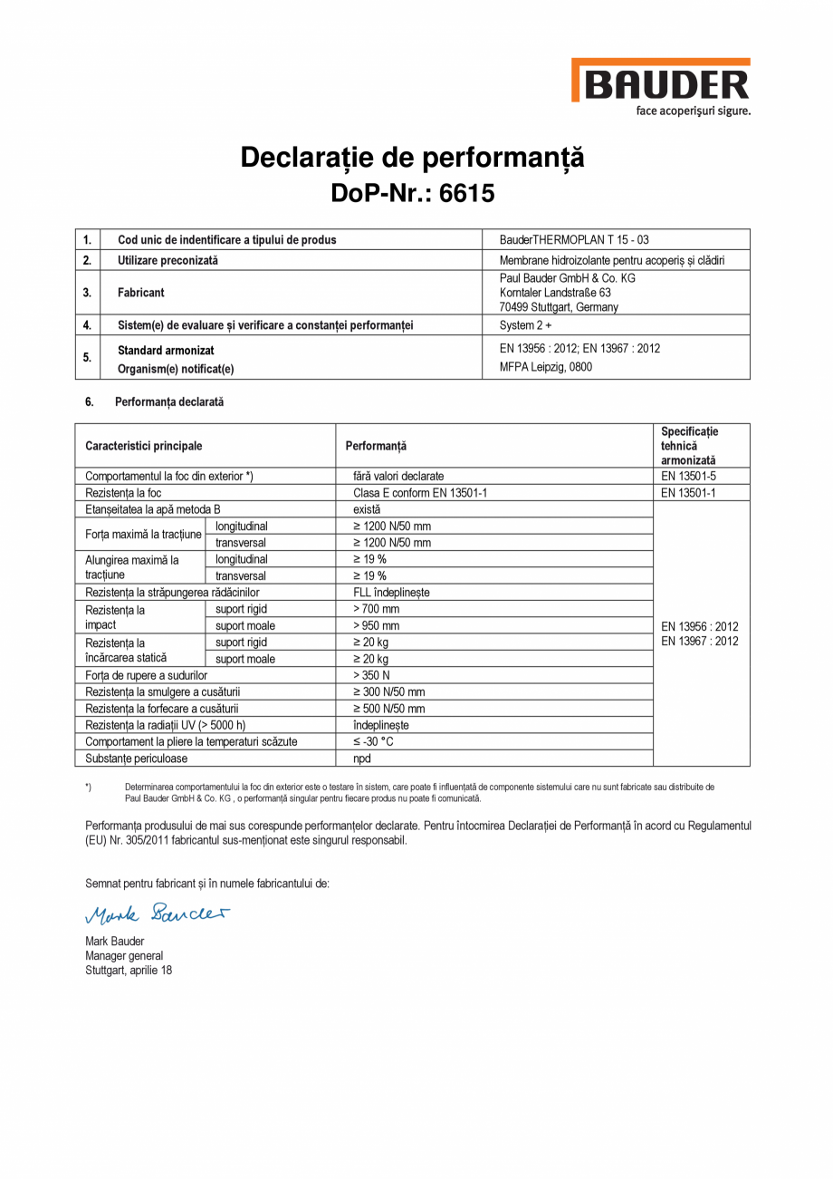 Pagina 1-Declaratia de performanta, nr. 6615 BAUDER THERMOPLAN T15  Certificare produs Romana Declarație de ...