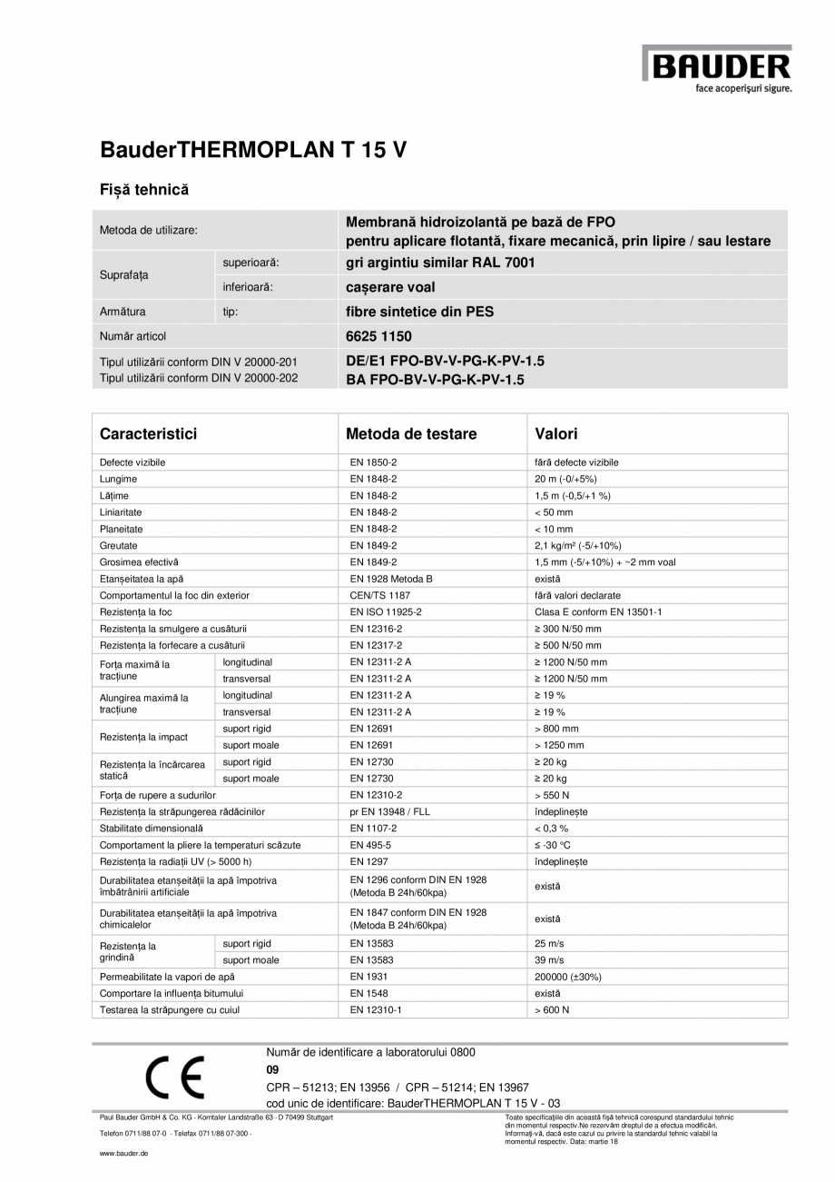 Pagina 1-Membrana hidroizolanta pe baza de FPO pentru aplicare flotanta BAUDER THERMOPLAN T15 V Fisa tehnica ...