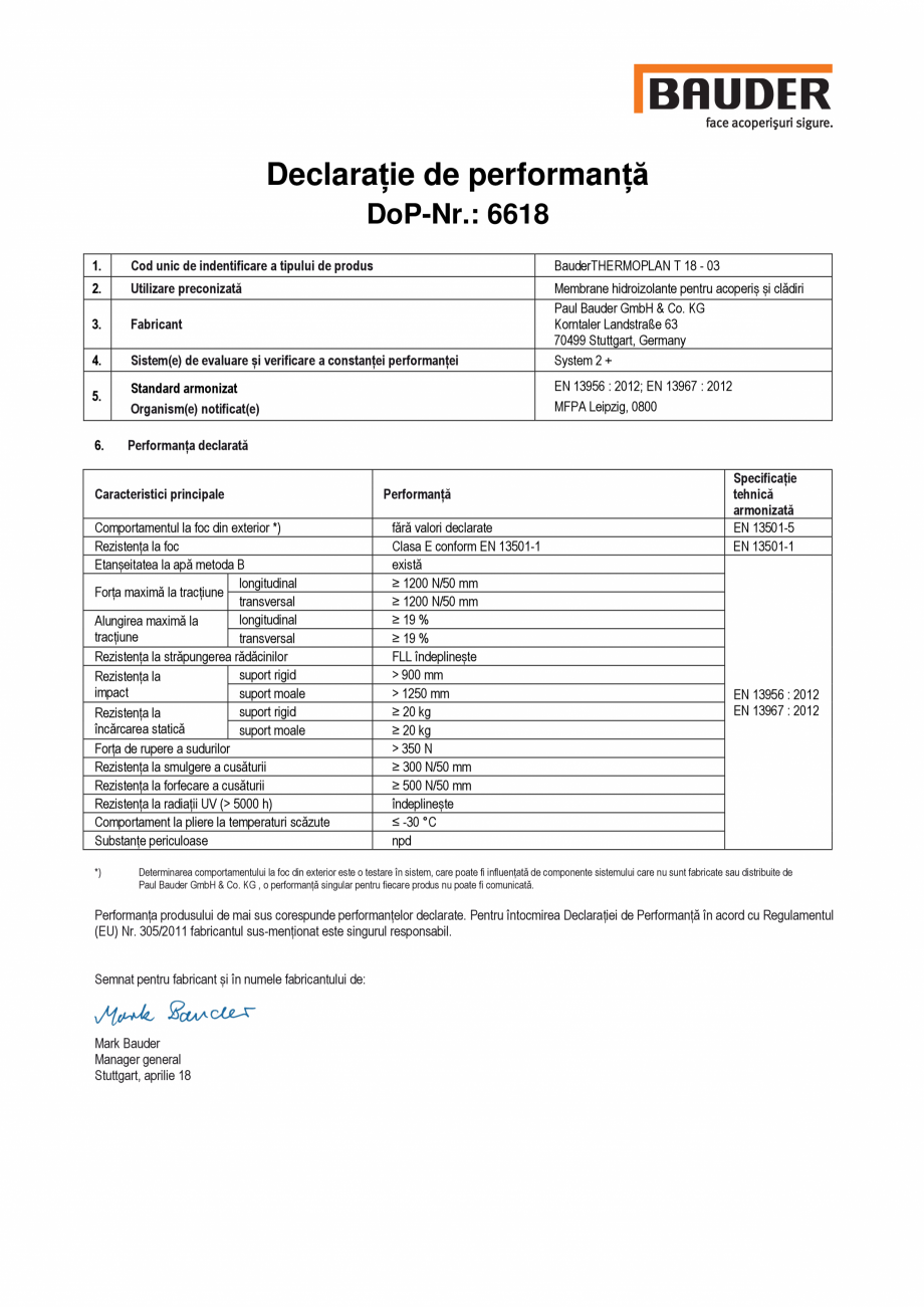 Pagina 1-Declaratia de performanta, nr. 6618 BAUDER THERMOPLAN T18 Certificare produs Romana Declarație de...