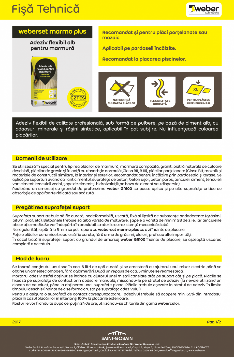 Pagina 1-Adeziv alb flexibil pentru marmura WEBER weberset marmo plus Fisa tehnica Romana Fişă Tehnică...
