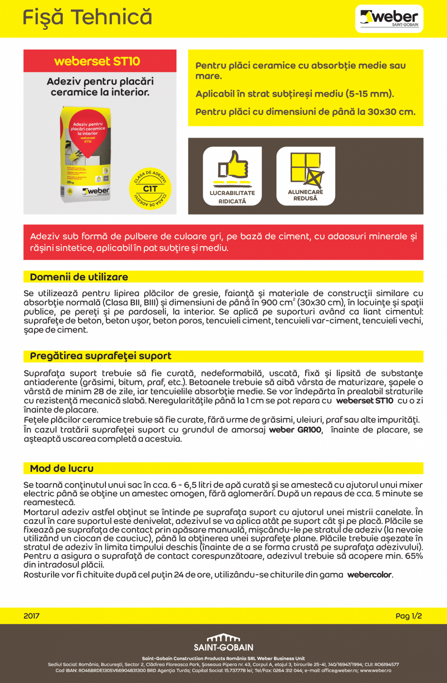 Pagina 1-Adeziv pentru placari ceramice la interior WEBER weberset ST10 Fisa tehnica Romana weberset ST10...