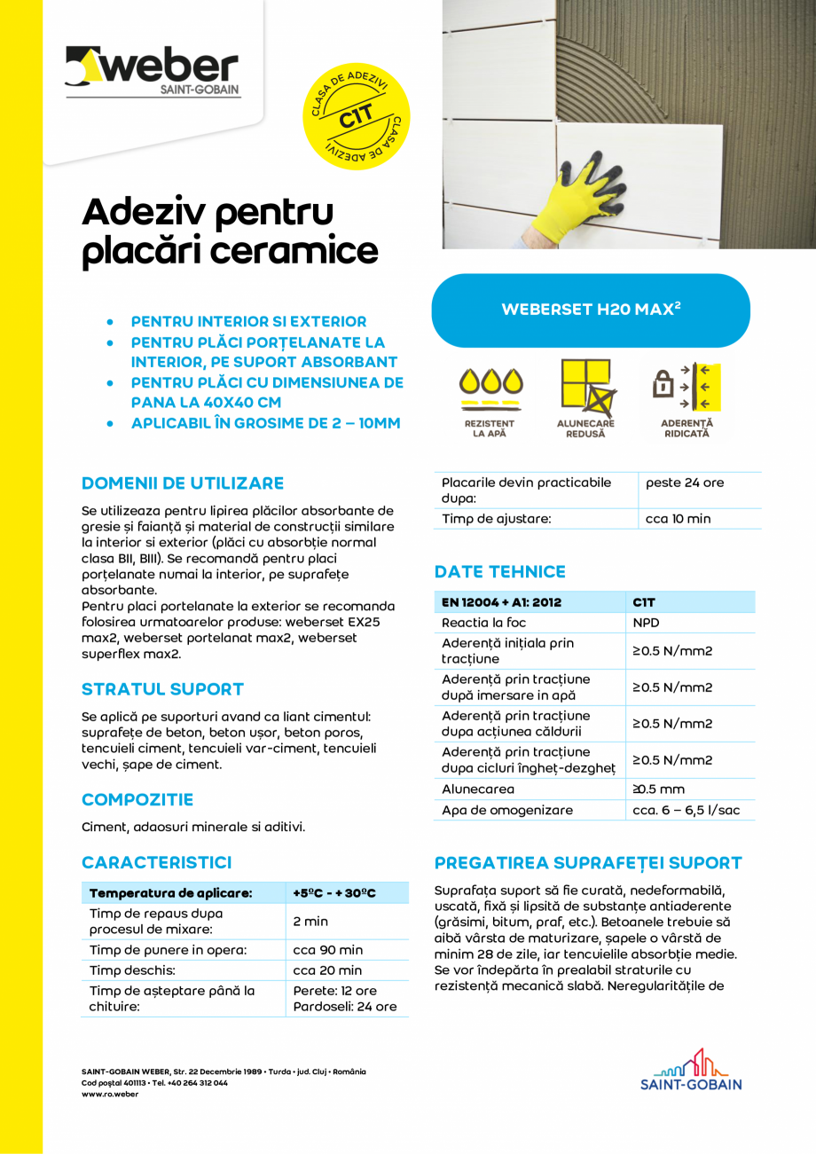 Pagina 1-Adeziv pentru placari ceramice WEBER weberset H20 max2 Fisa tehnica Romana Adeziv pentru
placări...