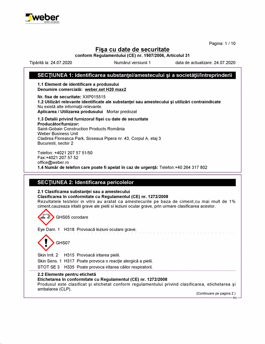 Pagina 1-Fisa cu datele de securitate pentru adeziv pentru placari ceramice WEBER weberset H20 max2...