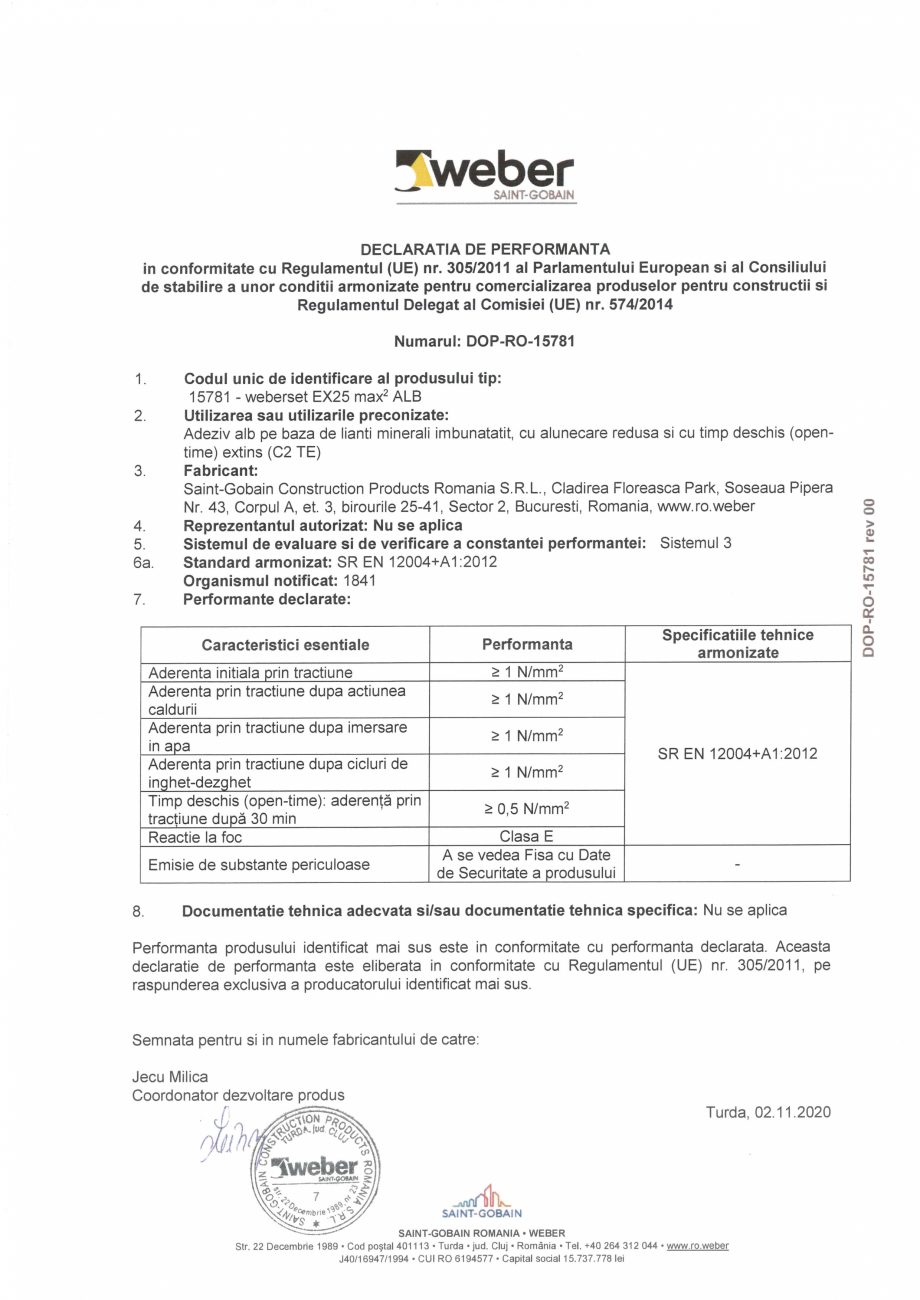 Pagina 1-Declaratia de performanta pentru adeziv pentru placari ceramice la interior si exterior WEBER...