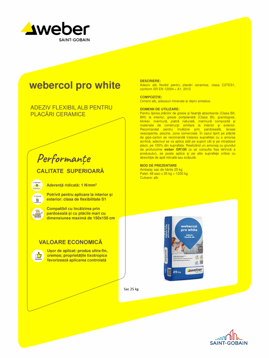 Pagina 1-Adeziv pentru placari ceramice la interior si exterior WEBER webercol pro white Fisa tehnica Romana ...