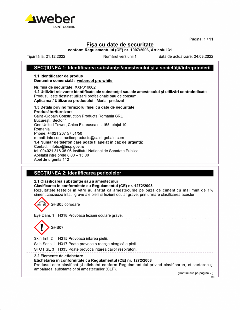 Pagina 1-Fisa cu datele de securitate pentru adeziv pentru placari ceramice la interior si exterior WEBER...