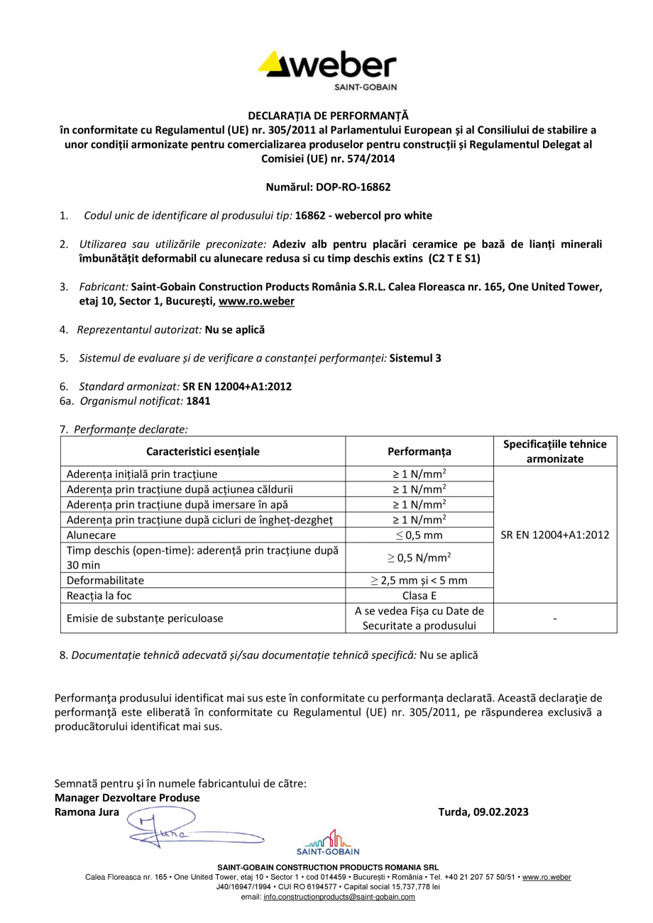 Pagina 1-Declaratia de performanta pentru adeziv pentru placari ceramice la interior si exterior WEBER...