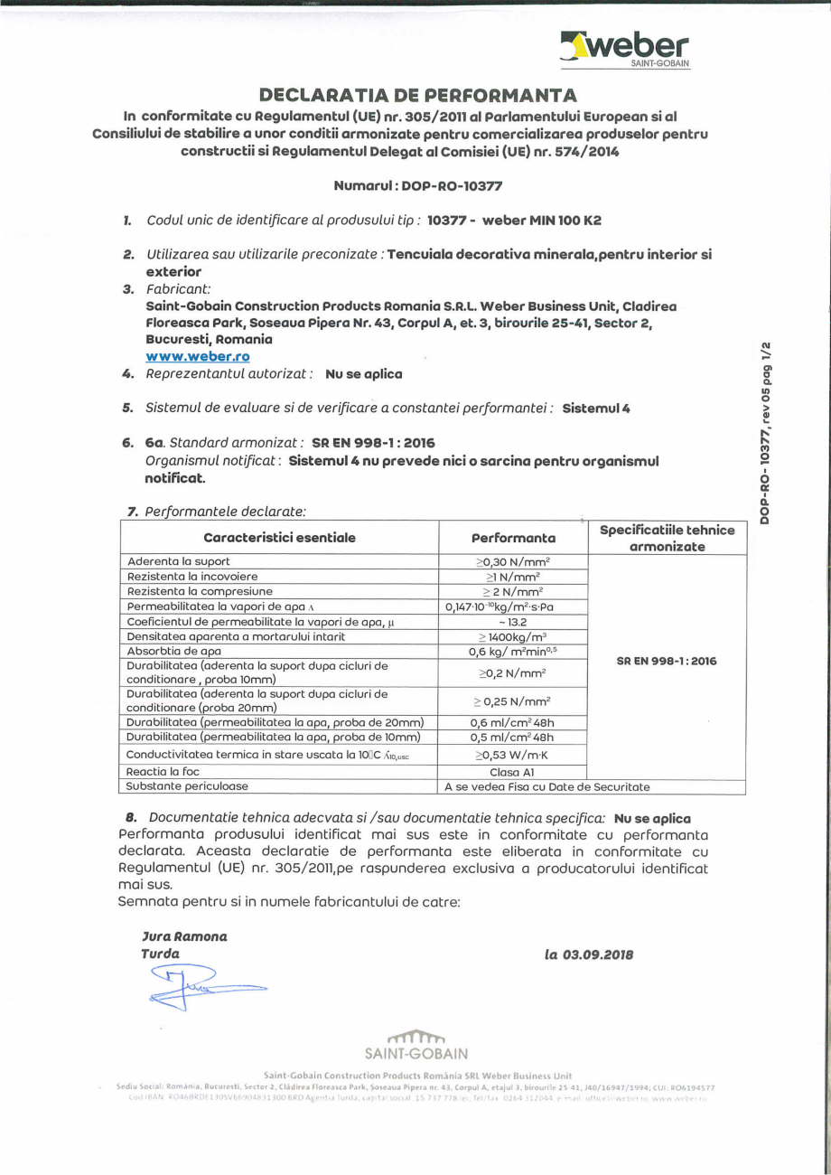 Pagina 1-Declaratie de performanta pentru tencuiala decorativa minerala MIN 100- K2 WEBER WEBER MIN 100...