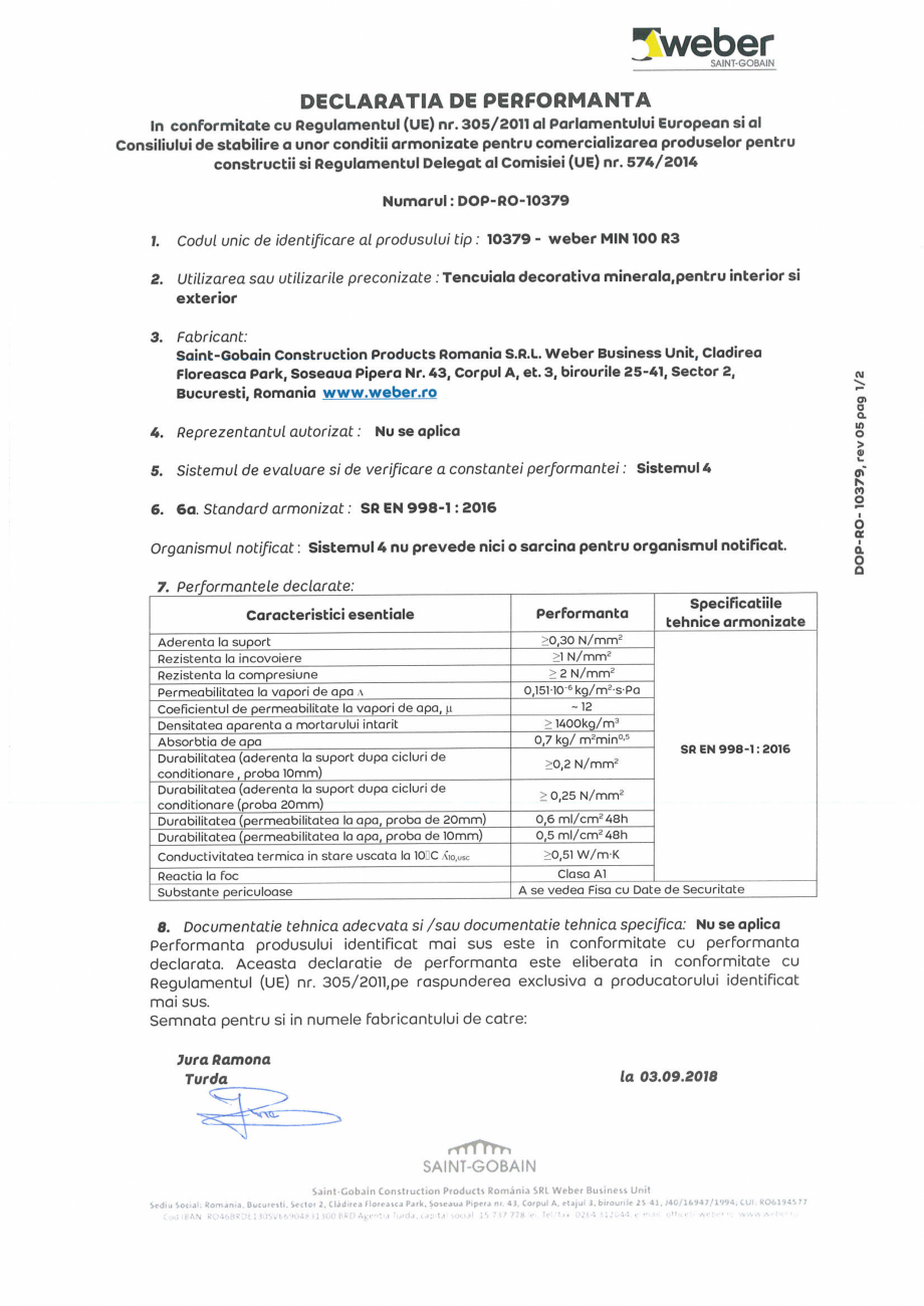 Pagina 1-Declaratie de performanta pentru tencuiala decorativa minerala MIN 100 - R3 WEBER WEBER MIN 100...