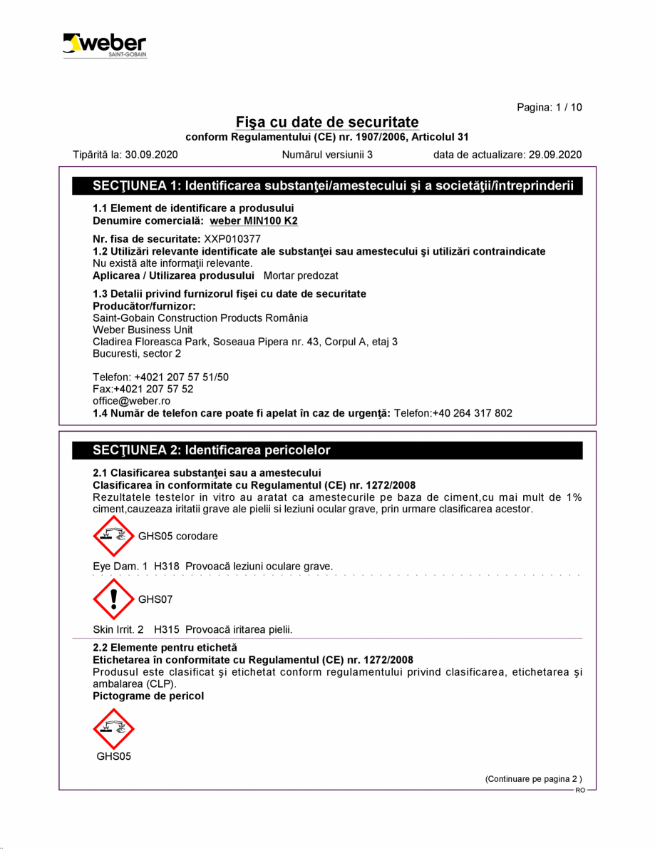 Pagina 1-Fisa cu datele de securitate pentru tencuiala decorativa minerala  - MIN100-K2 WEBER WEBER MIN 100...