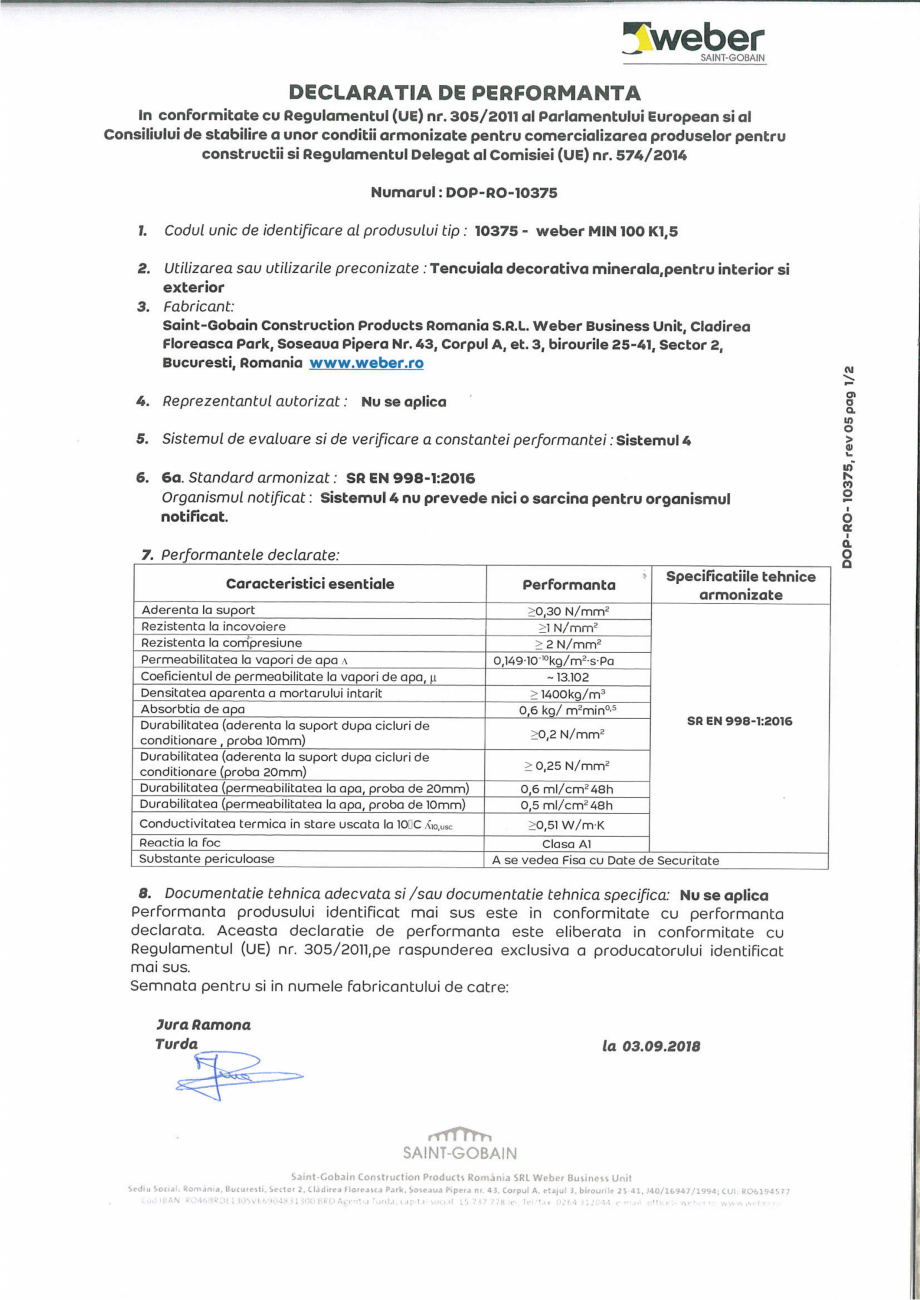 Pagina 1-Declaratie de performanta pentru tencuiala decorativa minerala - MIN 100 - K15 WEBER WEBER MIN 100...