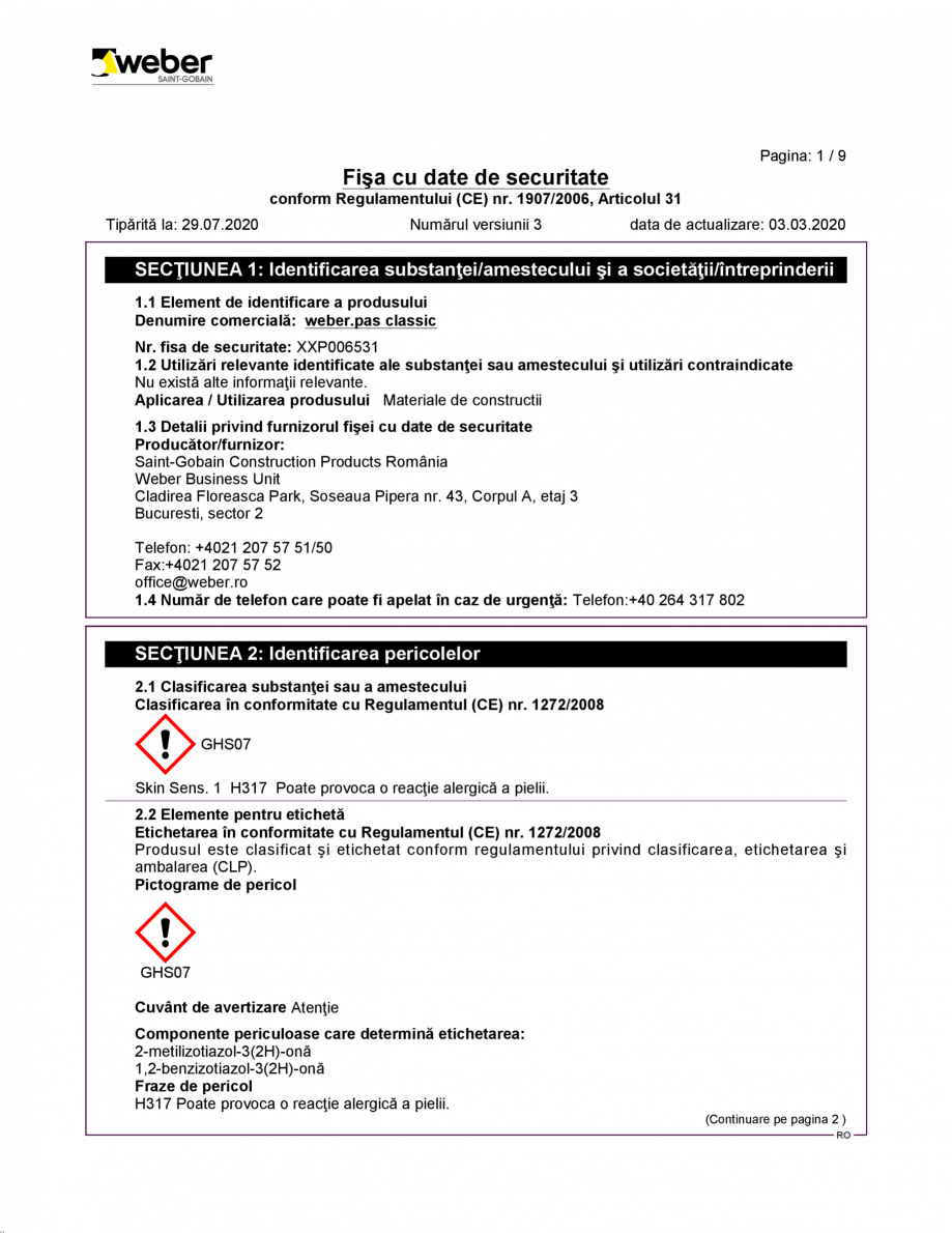 Pagina 1-Fisa cu datele de securitate pentru tencuiala decorativa acrilica WEBER WEBER.PAS CLASSIC...