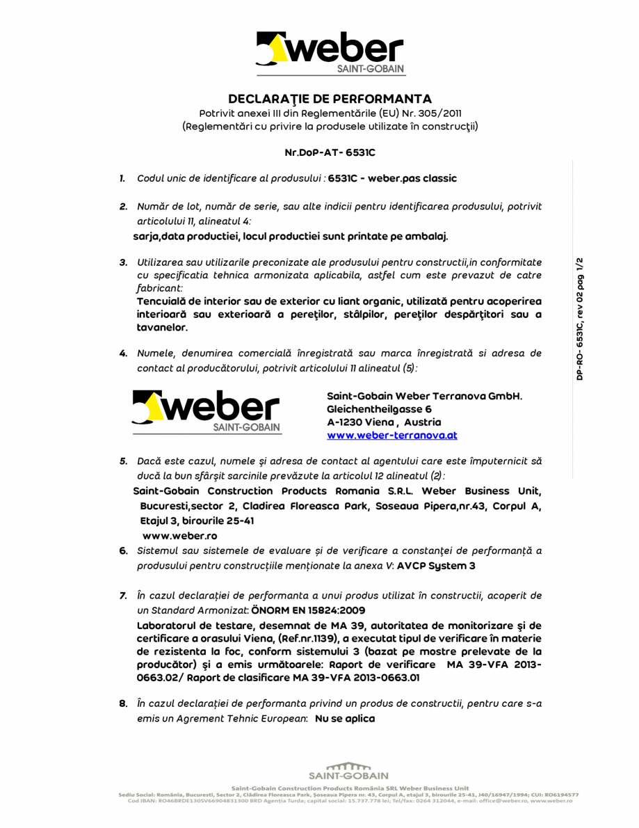 Pagina 1-Declaratie de performanta pentru tencuiala decorativa acrilica WEBER WEBER.PAS CLASSIC Certificare...