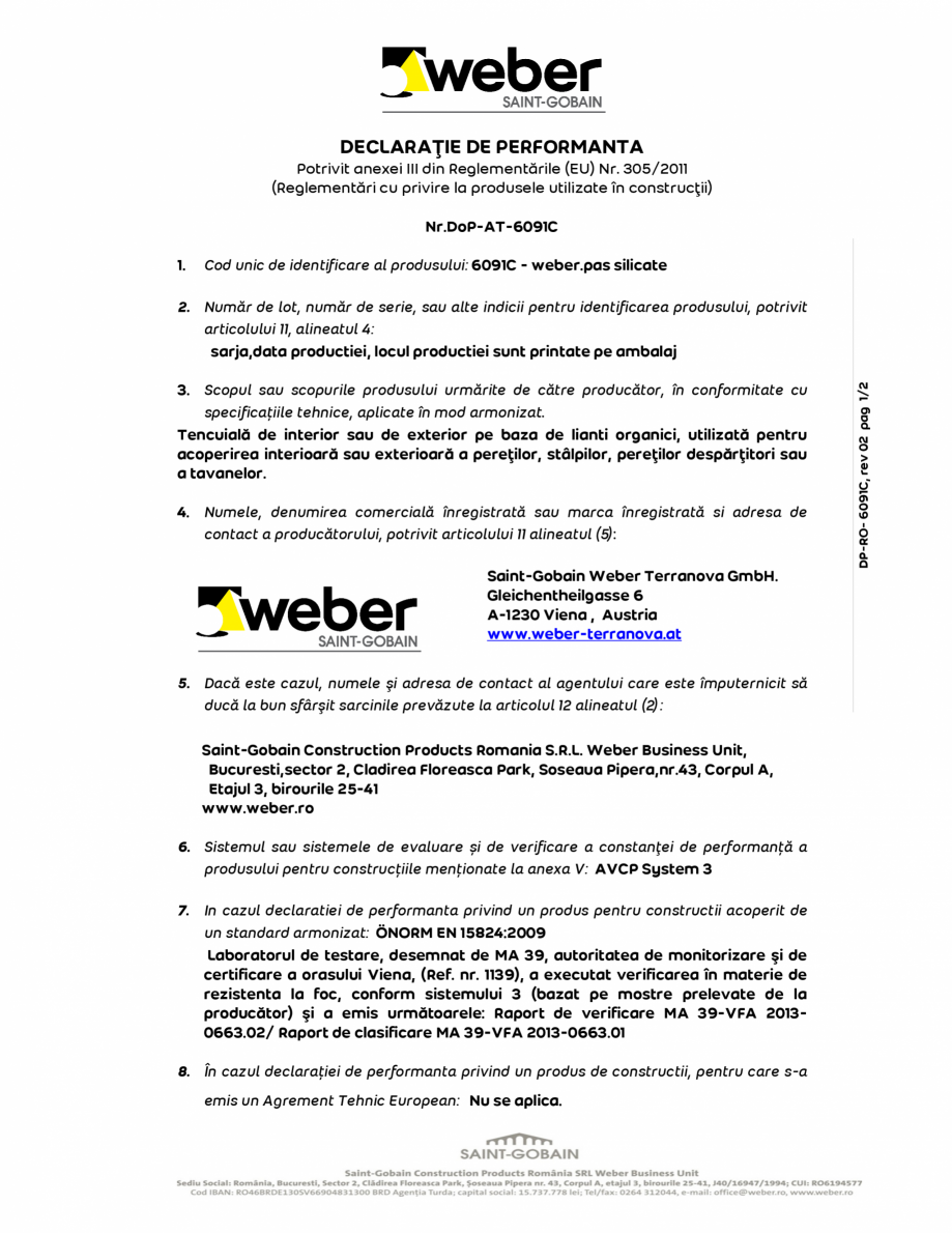 Pagina 1-Declaratie de performanta pentru tencuiala decorativa silicatica  WEBER WEBER.PAS SILICATE...