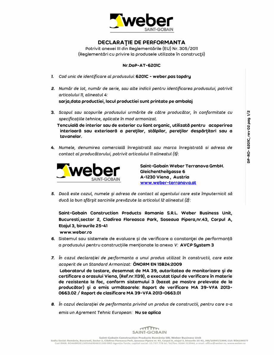 Pagina 1-Declaratie de performanta pentru tencuiala decorativa ultrapermeabila WEBER WEBER.PAS TOPDRY...