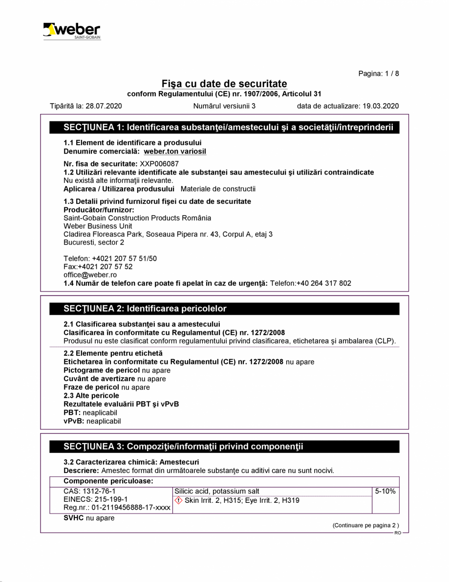 Pagina 1-Fisa cu datele de securitate pentru vopsea silicatica pentru exterior WEBER WEBER.TON VARIOSIL...