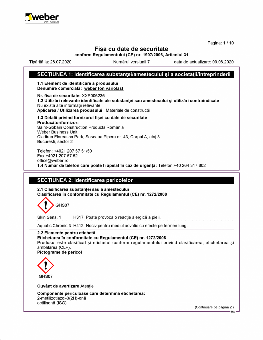 Pagina 1-Fisa cu datele de securitate pentru vopsea acrilica de exterior WEBER WEBER.TON VARIOLAST...